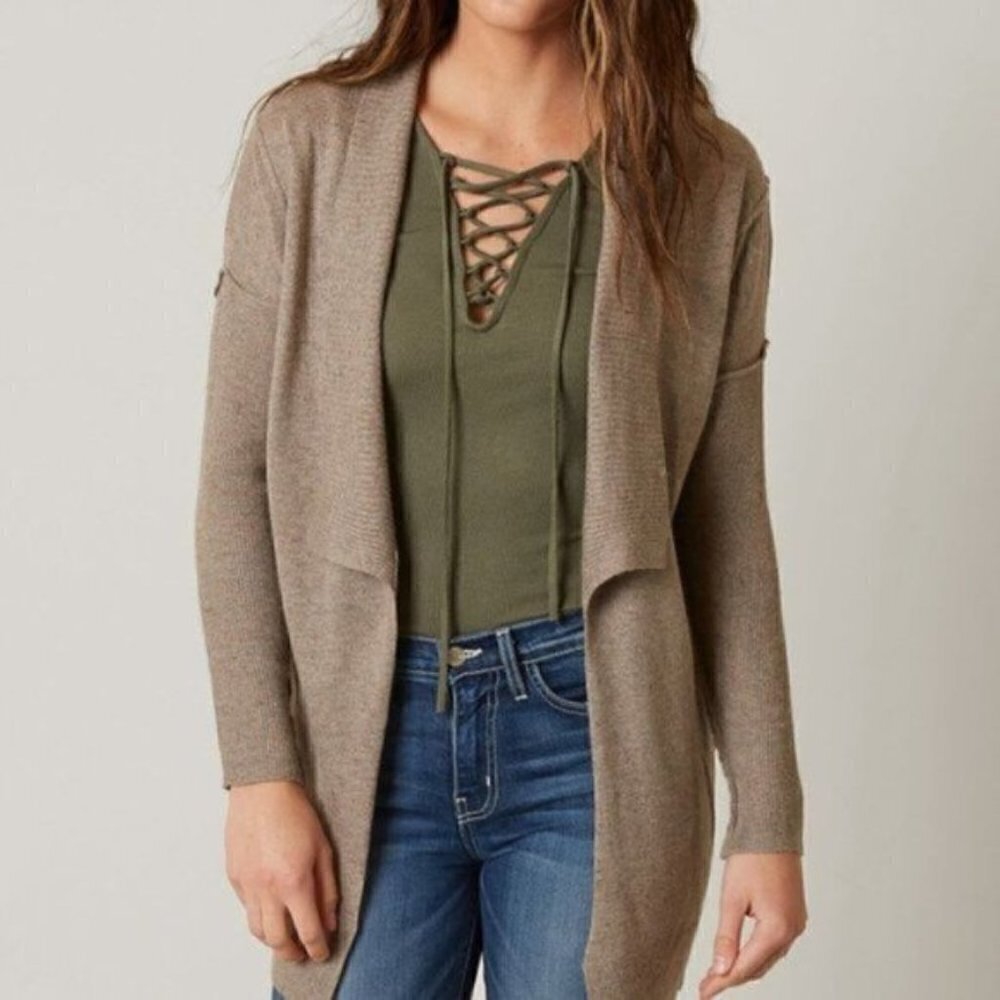 Daytrip Brown Knit Flyaway Open Front Long‎ Cardigan Sweater S